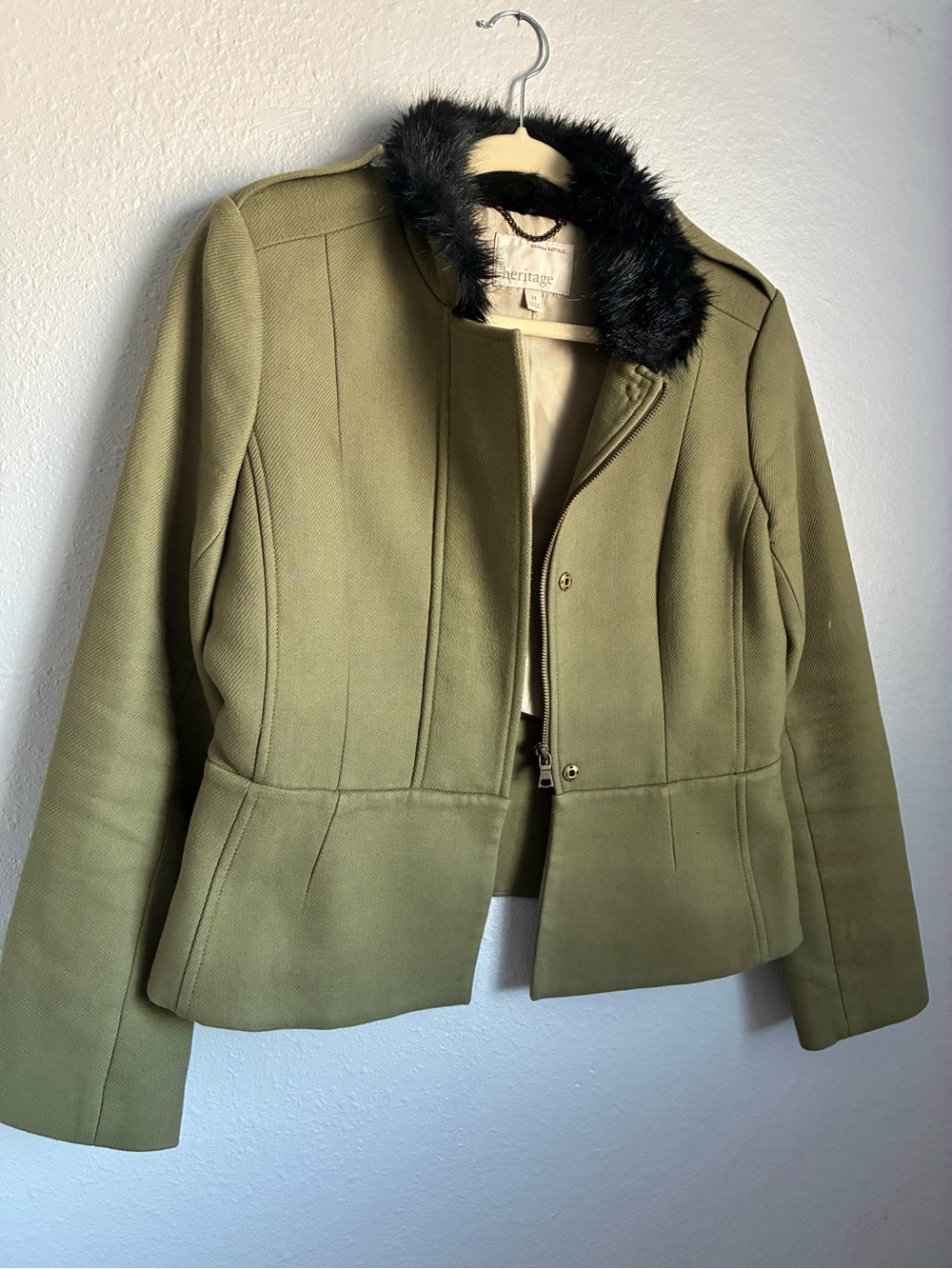Banana Republic Heritage Olive Green Peplum Jacket with Faux Fur Collar